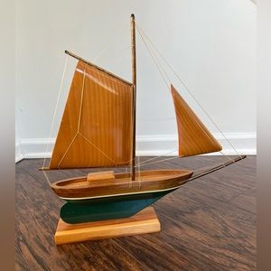 Vintage Handmade Wooden Sailboat Beautiful Natural Wood With Green Body